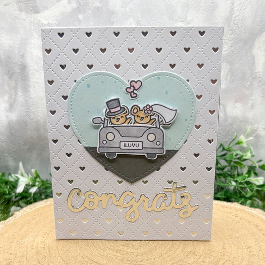 Congrats Cute Mice In Car Handmade Wedding Card