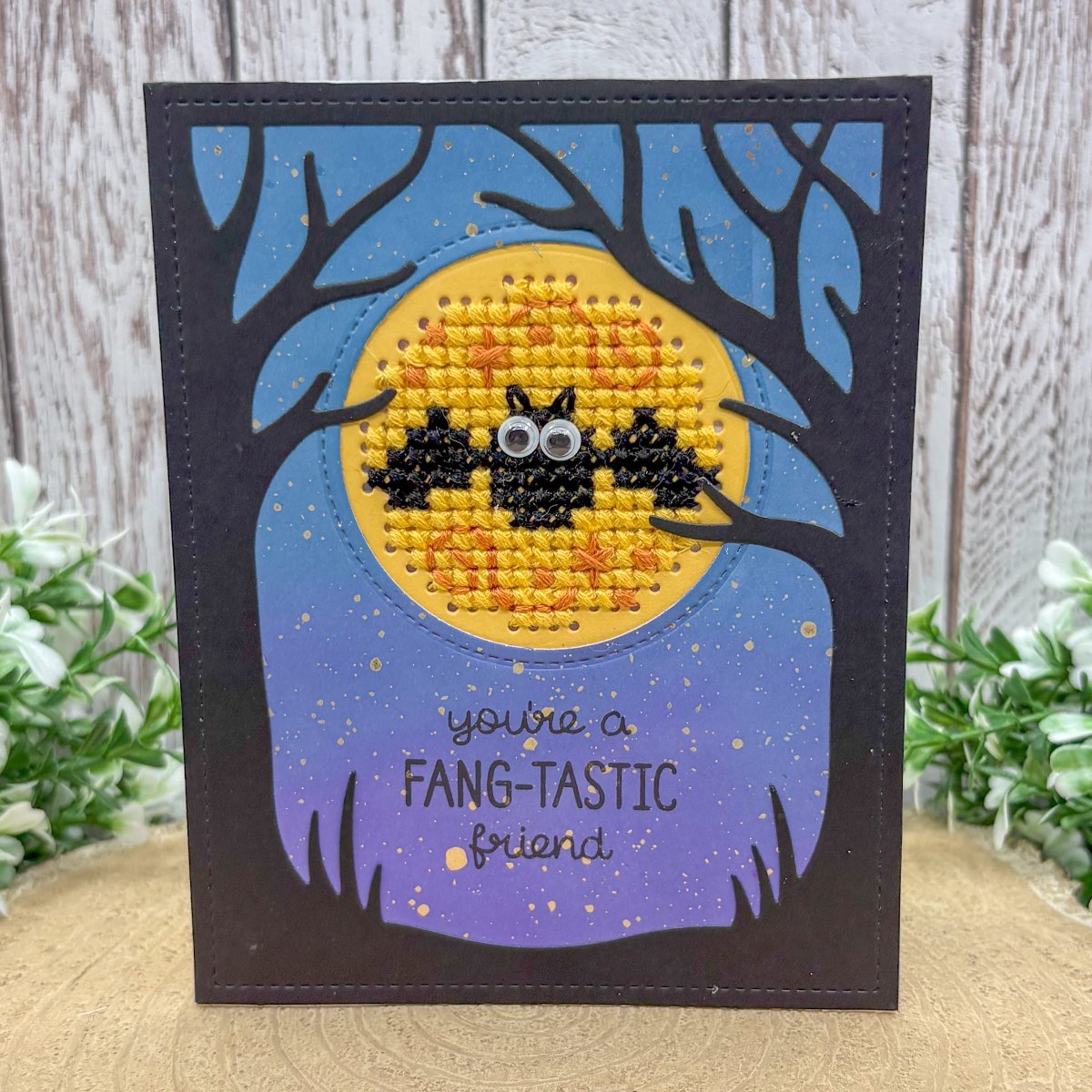 Cross Stitched Bat Fang-static Friend Handmade Card