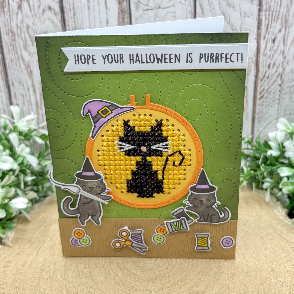 Cross Stitched Black Cat Handmade Halloween Card-1