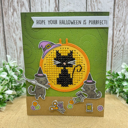 Cross Stitched Black Cat Handmade Halloween Card