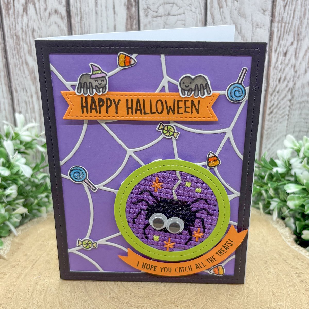 Cross Stitched Black Spider Handmade Halloween Card-1