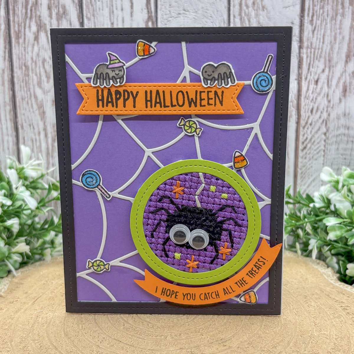 Cross Stitched Black Spider Handmade Halloween Card