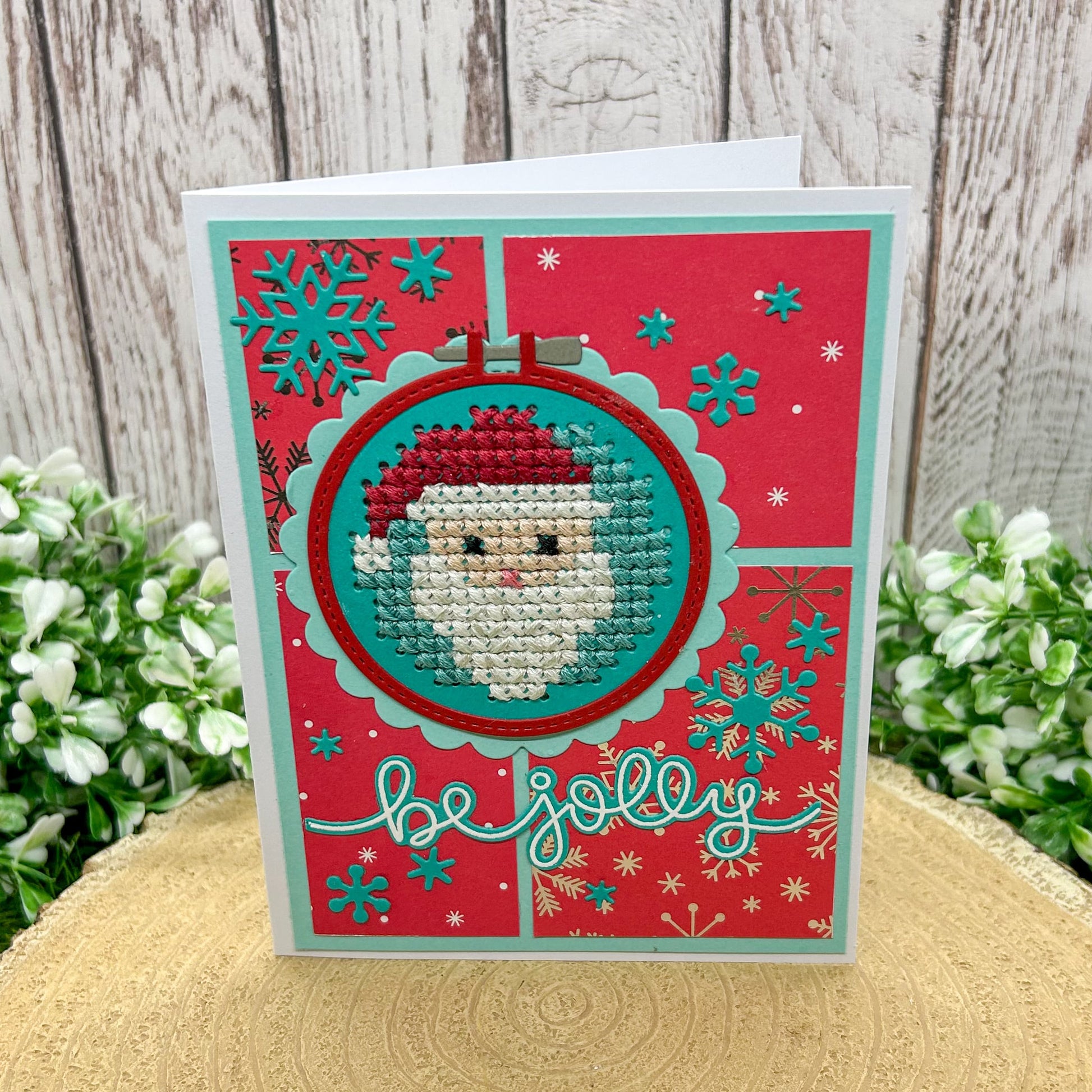 Cross Stitched Santa Handmade Christmas Card-1