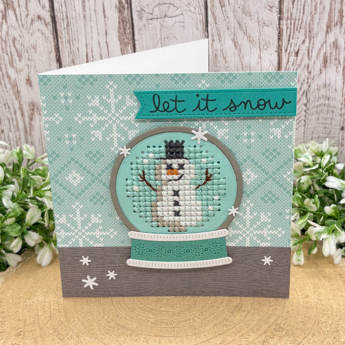 Cross Stitched Snowman Handmade Christmas Card-1