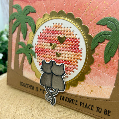 Cross Stitched Sunset Cat Themed Handmade Card