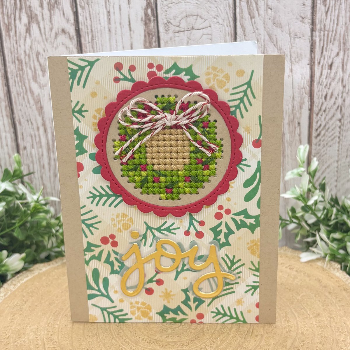 Cross Stitched Wreath Handmade Christmas Card-1