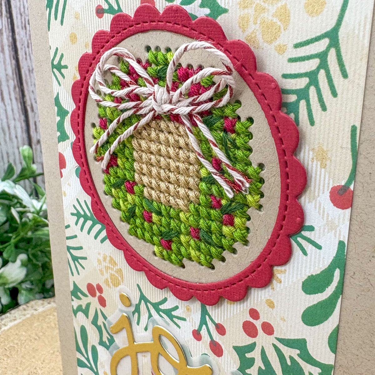 Cross Stitched Wreath Handmade Christmas Card-2