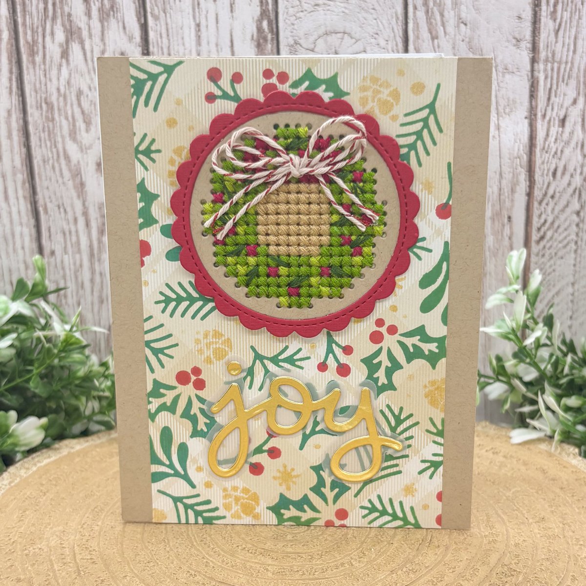 Cross Stitched Wreath Handmade Christmas Card