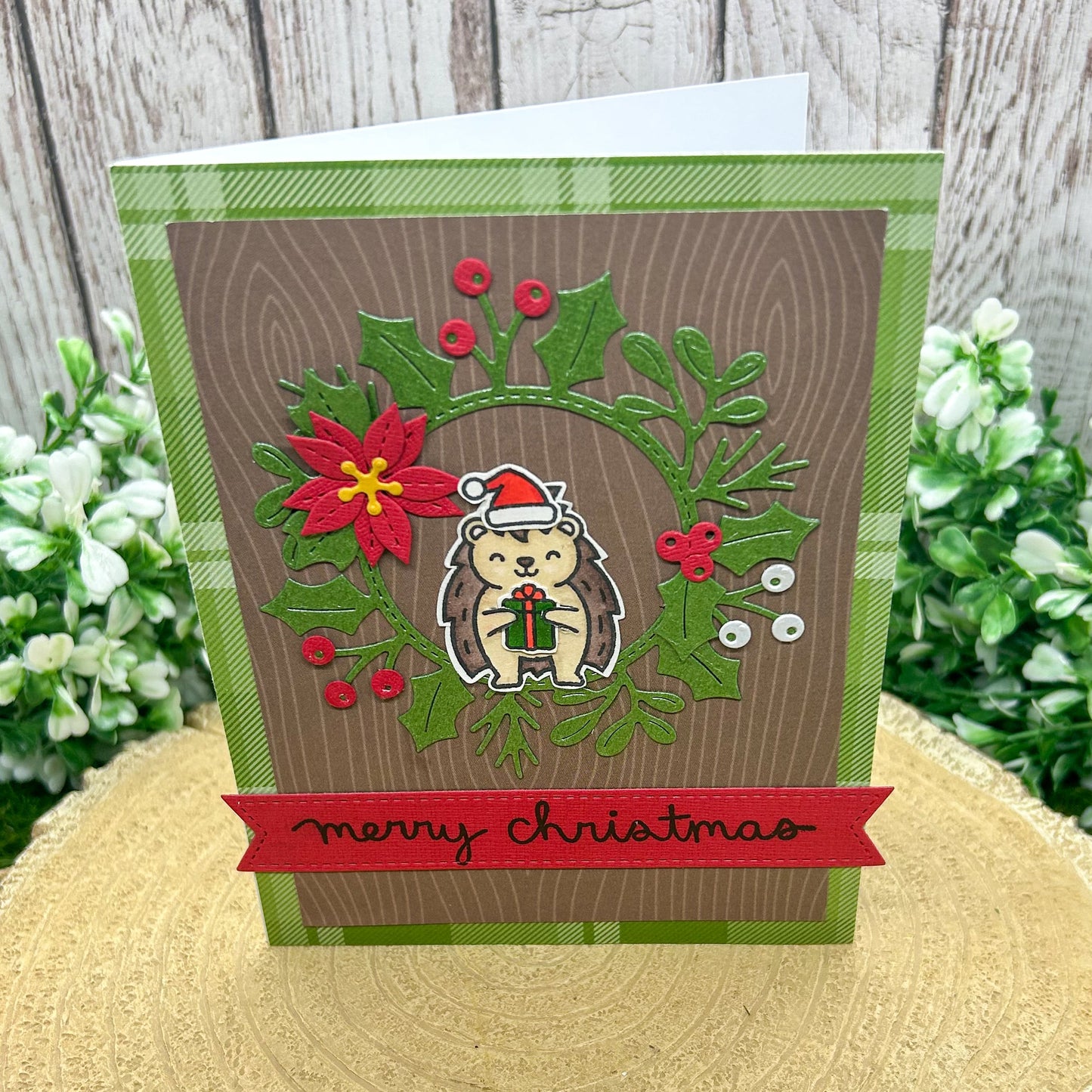 Hedgehog & Wreath Handmade Christmas Card