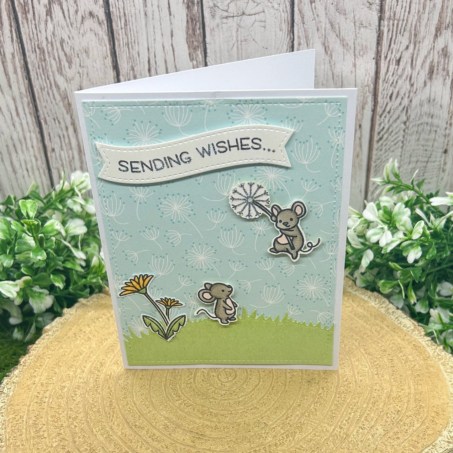 Mice & Dandelions Sending Wishes Handmade Card-1
