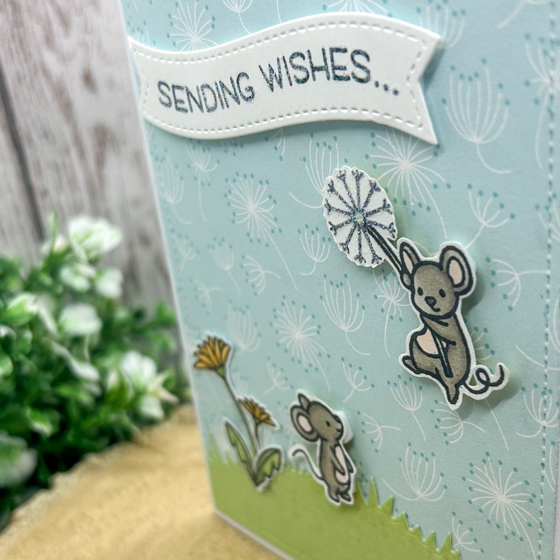 Mice & Dandelions Sending Wishes Handmade Card-2