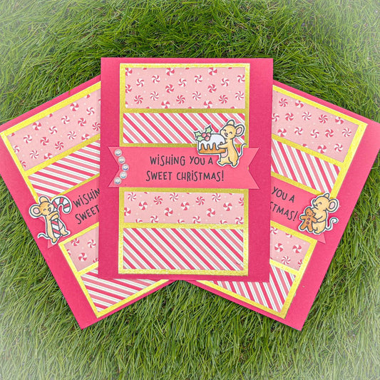 Pack of 3 Pink Handmade Sweet Mice Christmas Cards