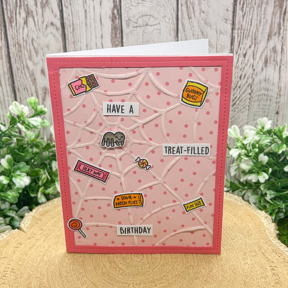 Pink Spider Web Treats Handmade Birthday Card-1