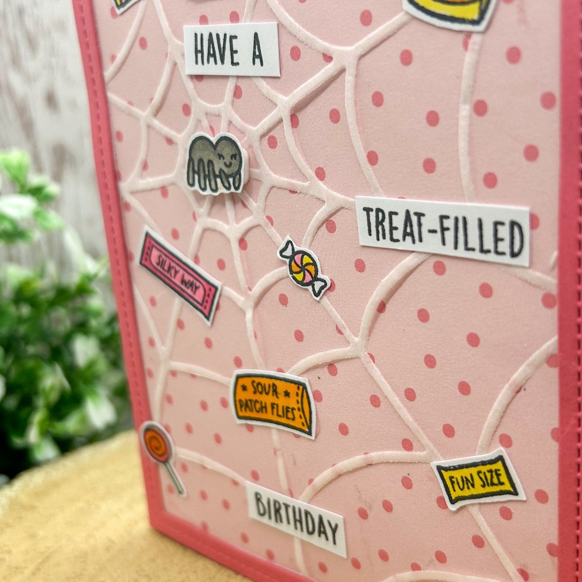 Pink Spider Web Treats Handmade Birthday Card