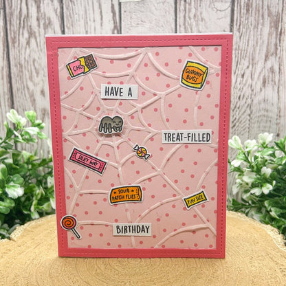 Pink Spider Web Treats Handmade Birthday Card