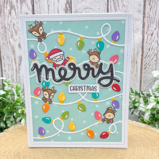 Santa, Reindeers & Lights Handmade Christmas Card