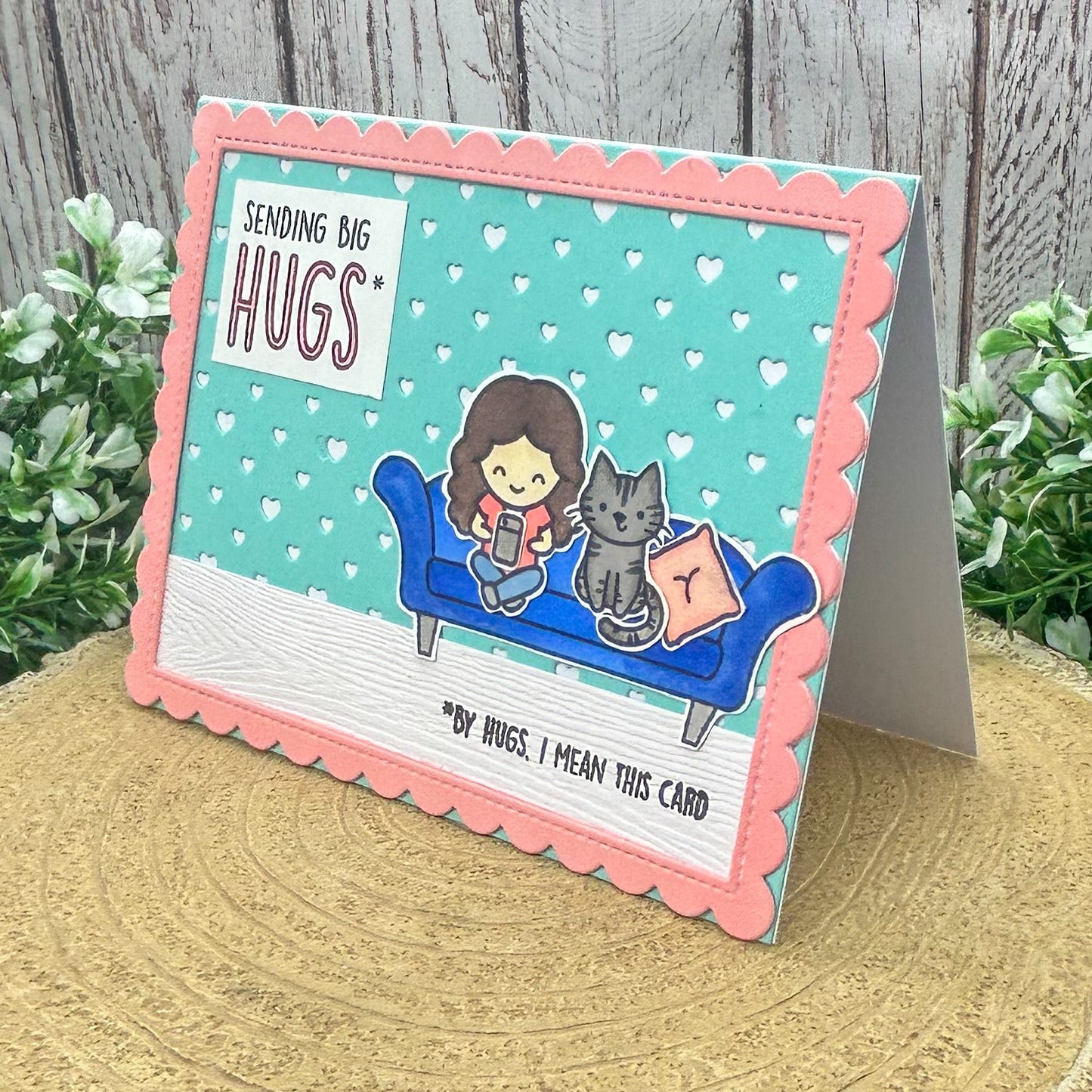 Sending Hugs Girl & Cat Handmade Card-1