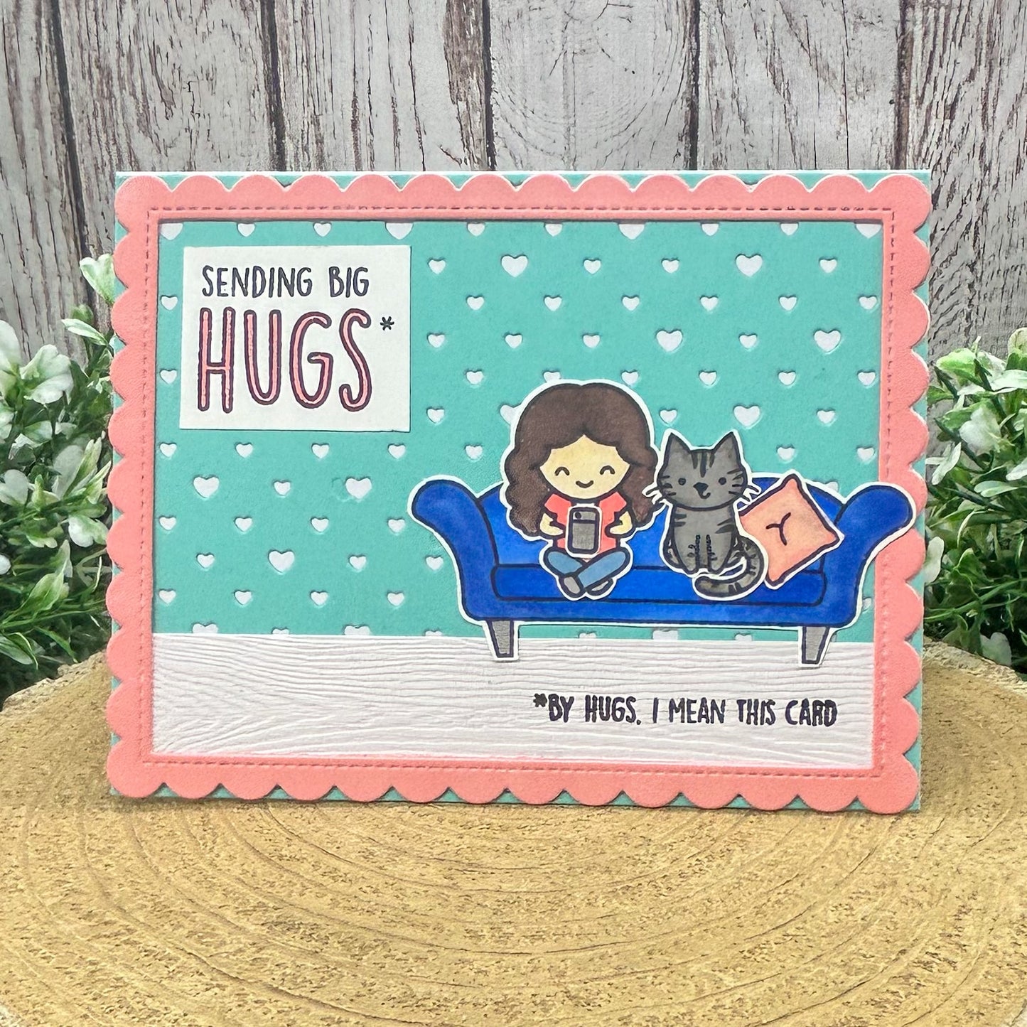 Sending Hugs Girl & Cat Handmade Card