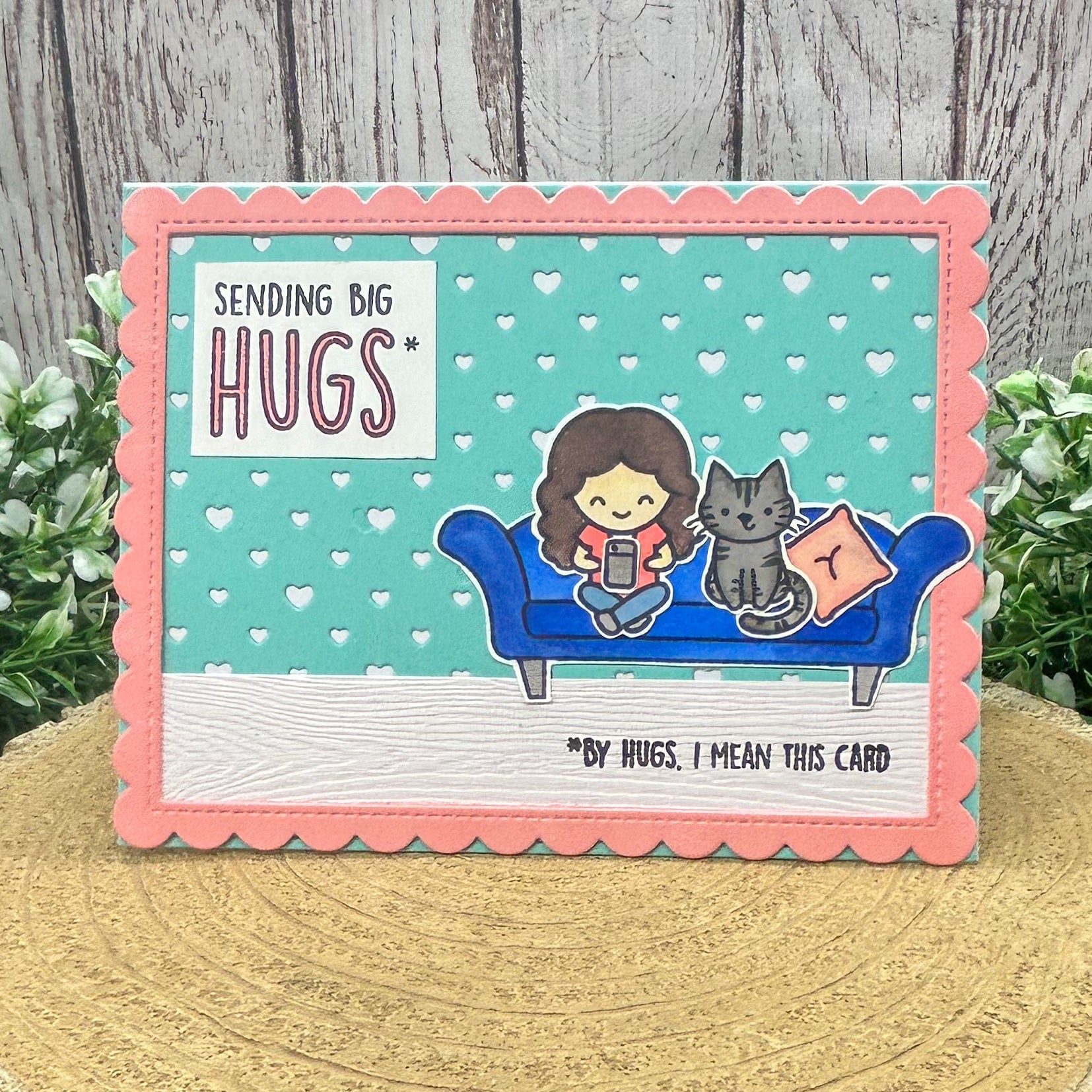 Sending Hugs Girl & Cat Handmade Card
