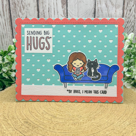 Sending Hugs Girl & Cat Handmade Card