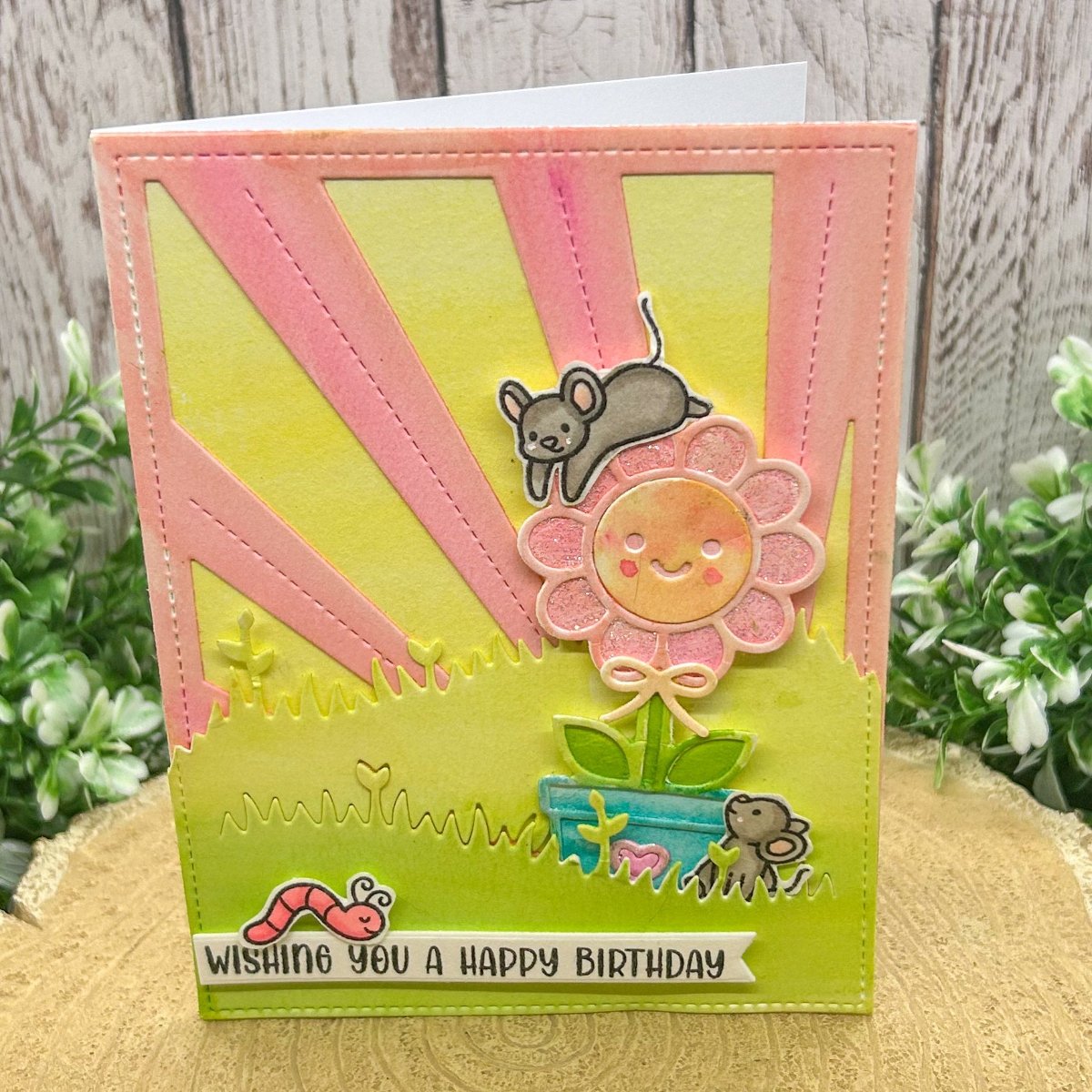 Watercolour Flower & Mice Handmade Birthday Card-1