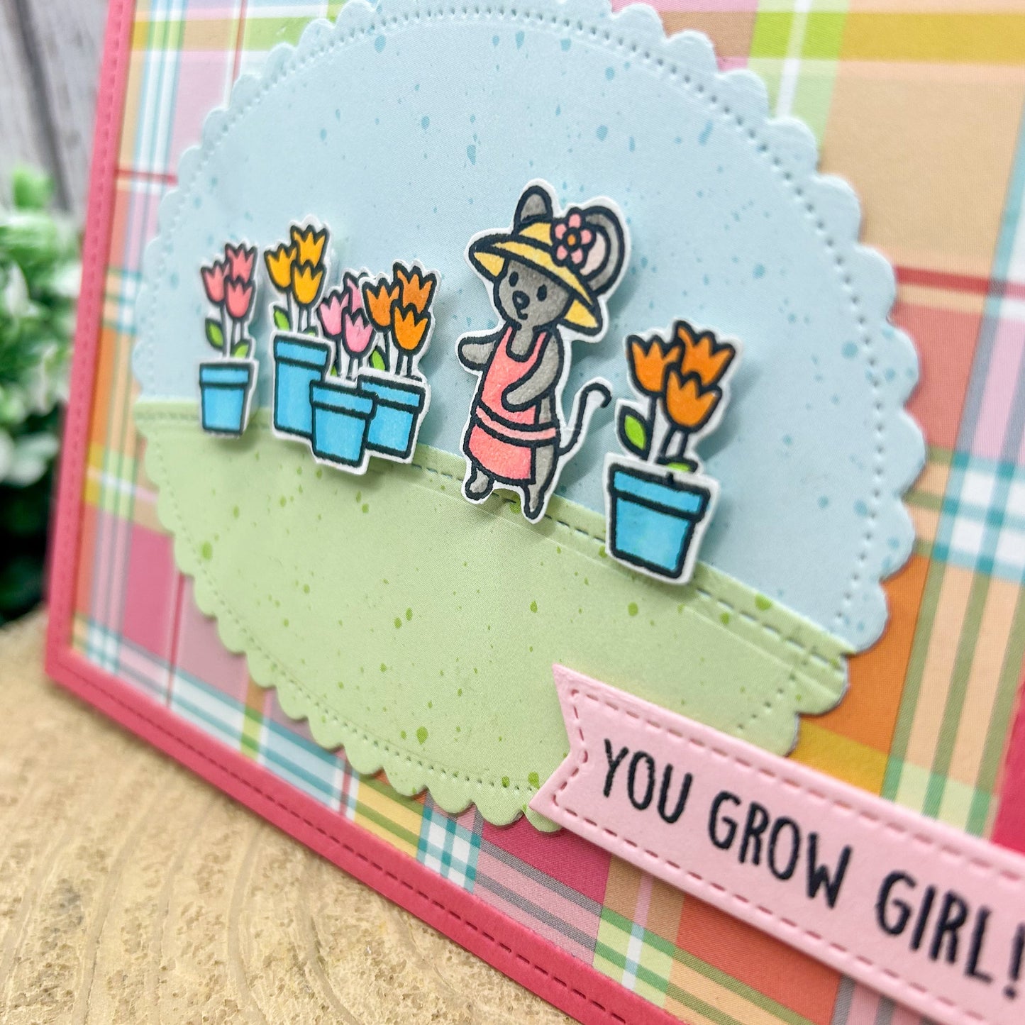 You Grow Girl Mouse & Flowers Handmade Card