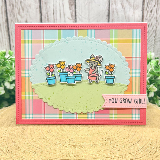 You Grow Girl Mouse & Flowers Handmade Card